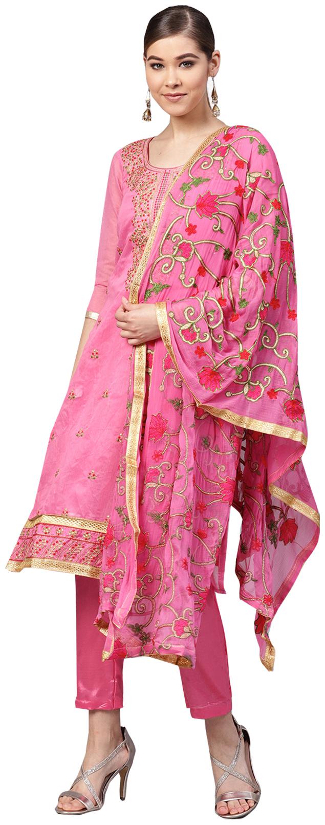 

Ishin Women Silk Pink Embroidered A-Line Kurta With Pant Dupatta
