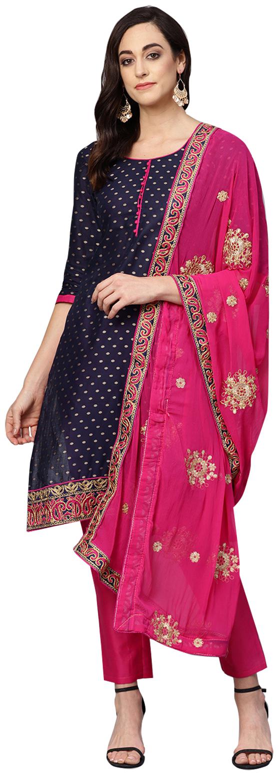 

Ishin Women Cotton Navy Blue Embroidered A-Line Kurta With Pant Dupatta