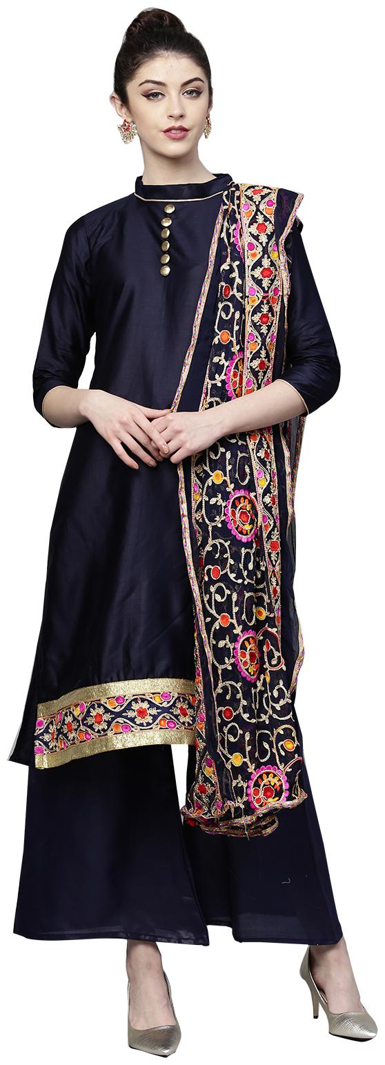 

Ishin Women Cotton Navy Blue Embroidered A-Line Kurta With Palazzo Dupatta