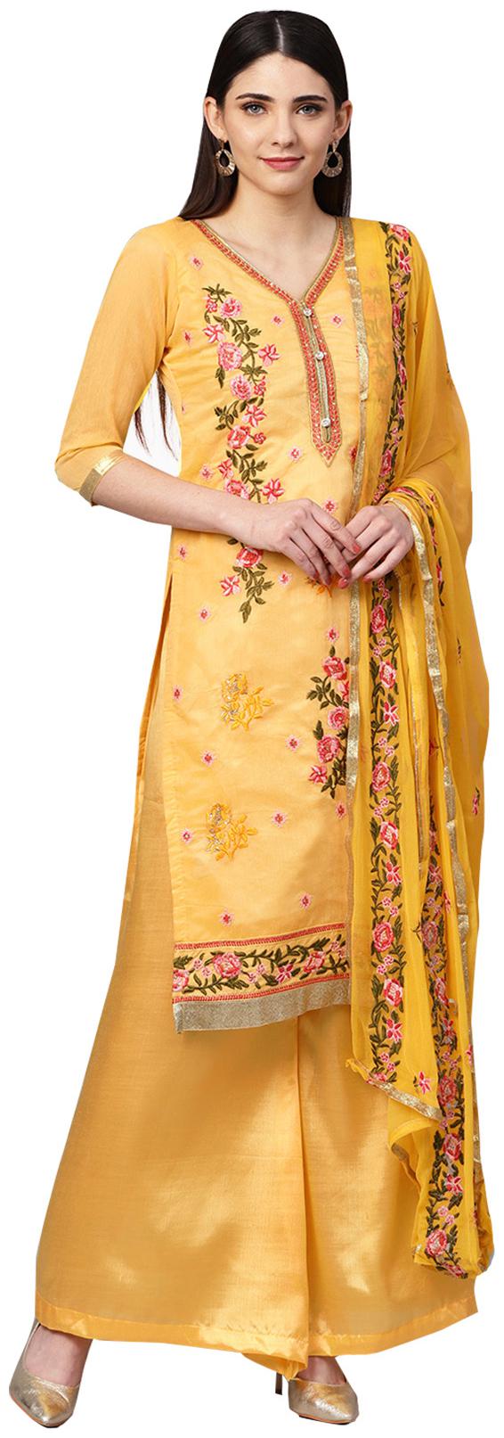 

Ishin Women Silk Yellow Embroidered A-Line Kurta With Palazzo Dupatta