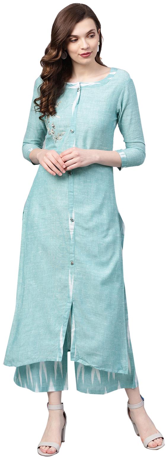 

Ishin Women Cotton Turquoise Embroidered A-Line Kurta Palazzo Set