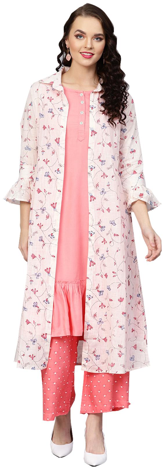 

Ishin Women Cotton White Pink Floral A-Line Kurta Palazzo Set With Jacket