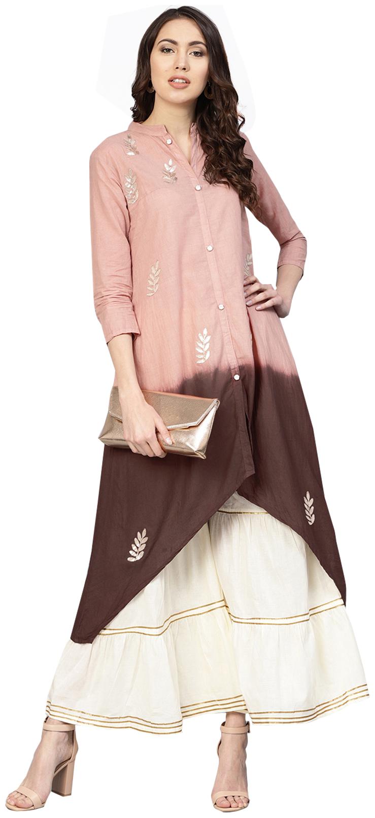 

Ishin Women Cotton Floral A-Line Kurta Sharara Brown Pink
