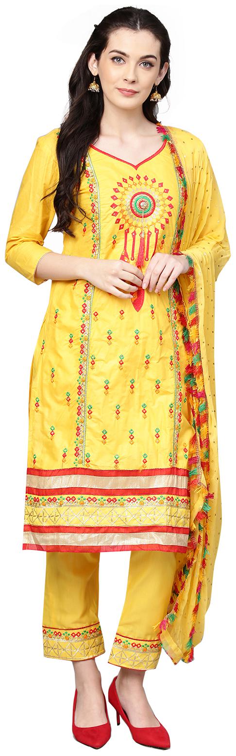 

Ishin Women Cotton Yellow Embroidered A-Line Kurta With Pant Dupatta
