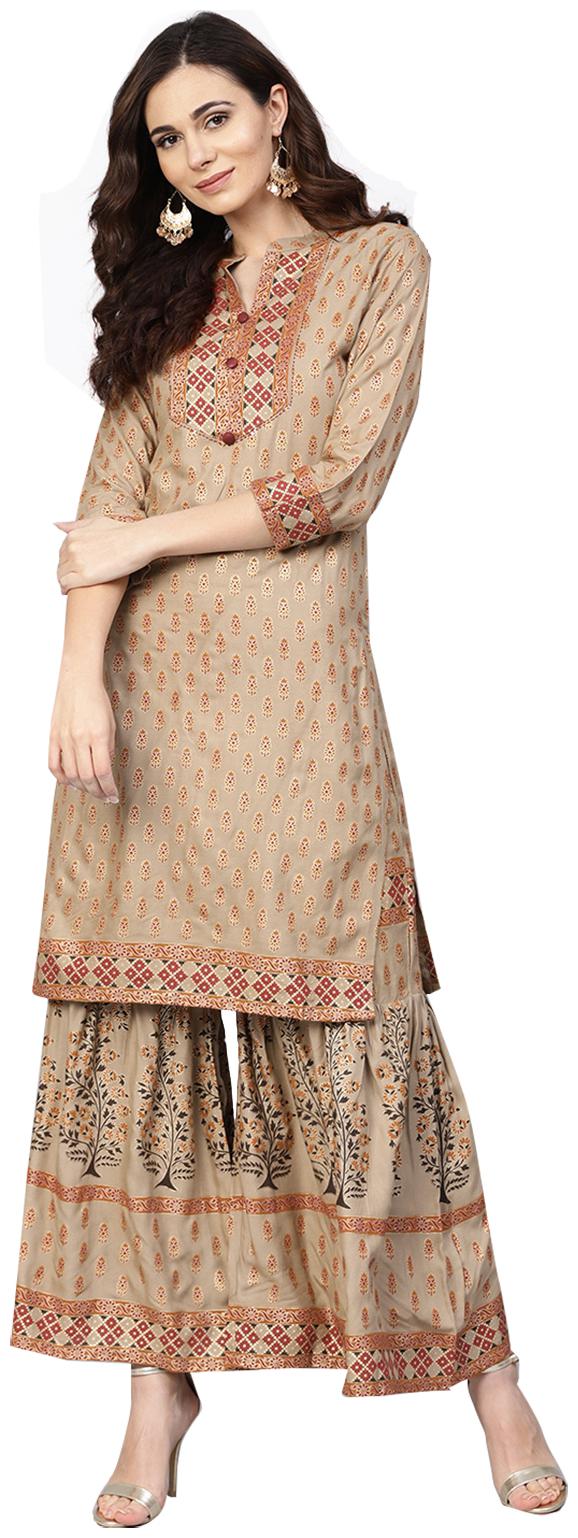 

Ishin Women Rayon Floral A-Line Kurta With Palazzo Beige