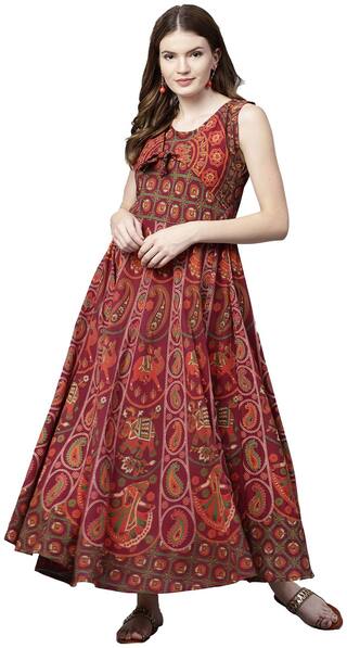 Ishin Women Cotton Red Printed Anarkali Kurta