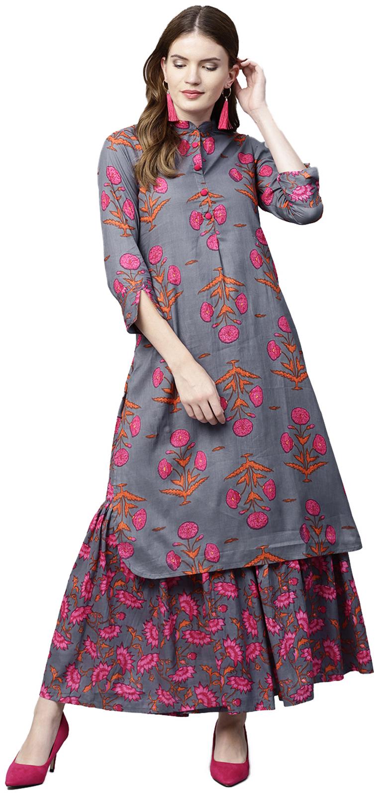 

Ishin Women s Cotton Blue Printed A-Line Kurta Palazzo Sets