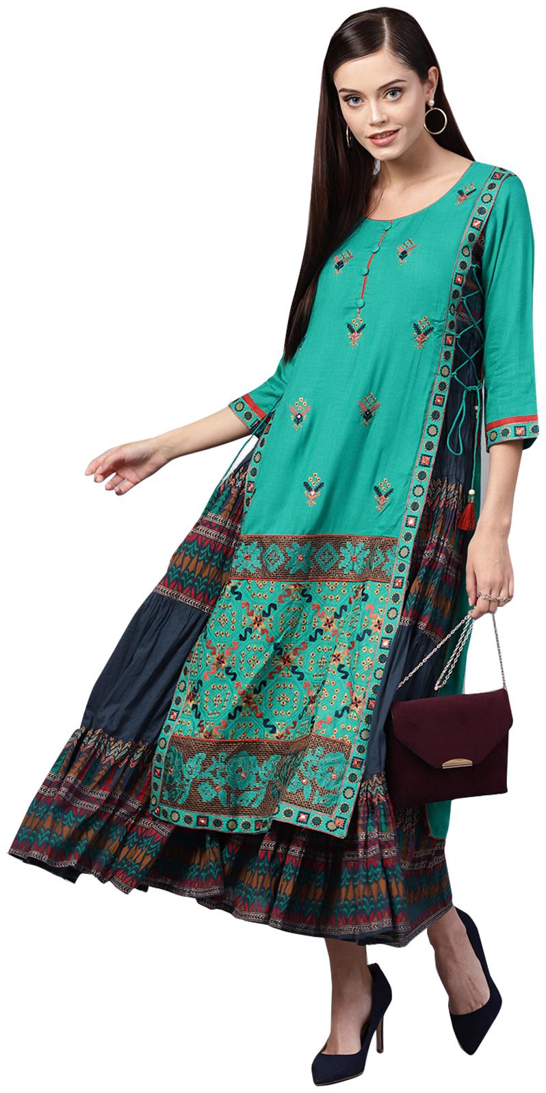 

Ishin Green Blue Embroidered Fit flare dress