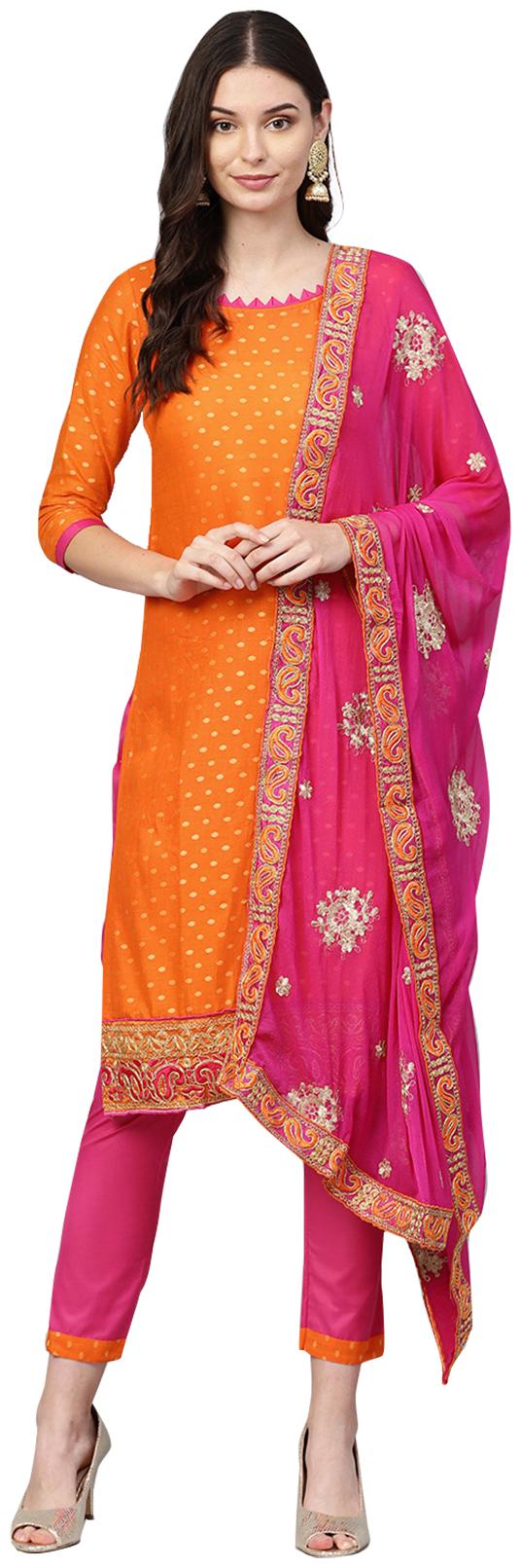 

Ishin Women Cotton Orange Embroidered A-Line Kurta With Trouser Dupatta
