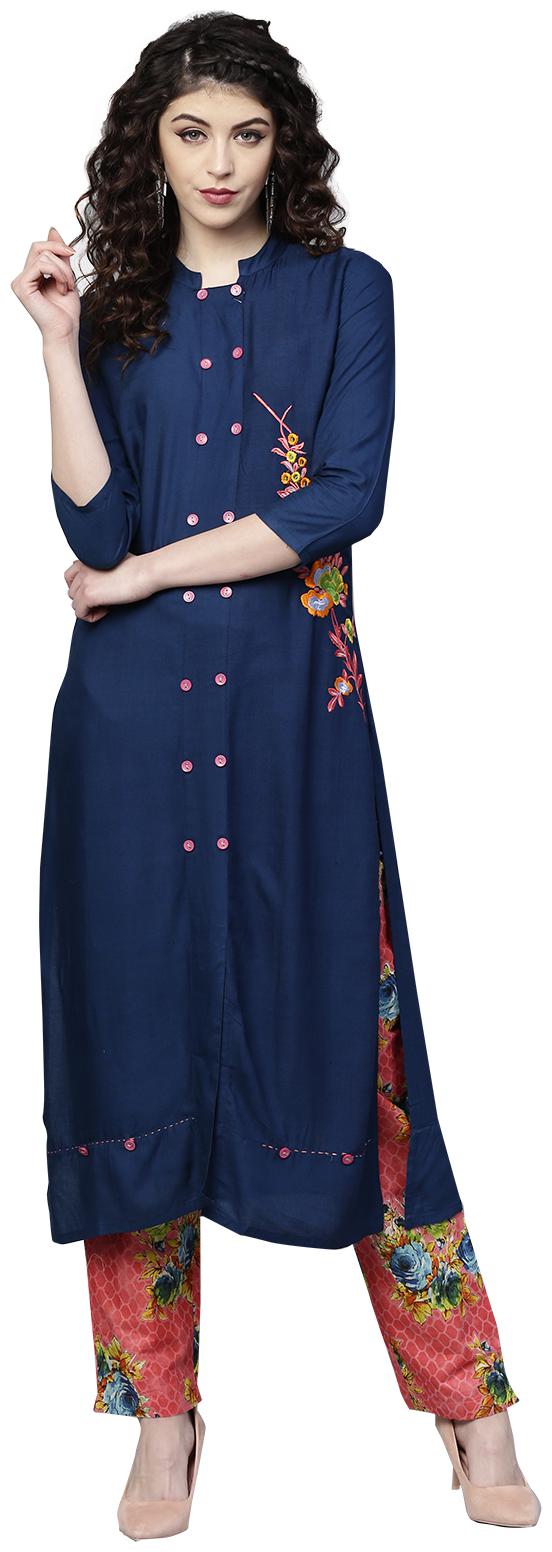 

Ishin Women Rayon Navy Blue Pink Embroidered A-Line Kurta Palazzo Set
