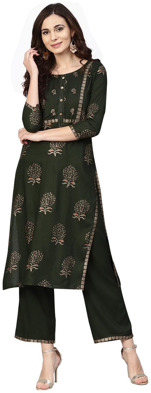 

Ishin Women Rayon Floral A-Line Kurta With Palazzo Green