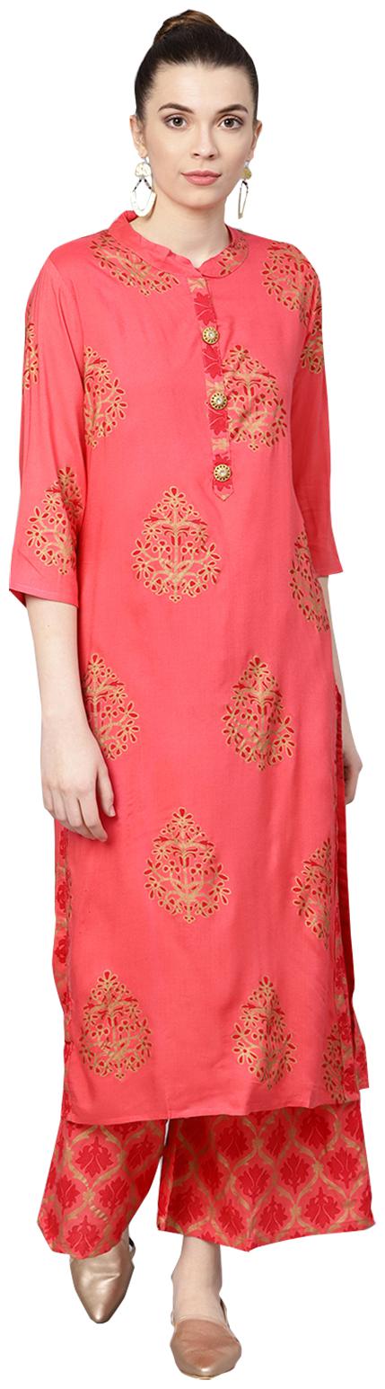 

Ishin Women Rayon Printed A-Line Kurta With Palazzo Pink Red