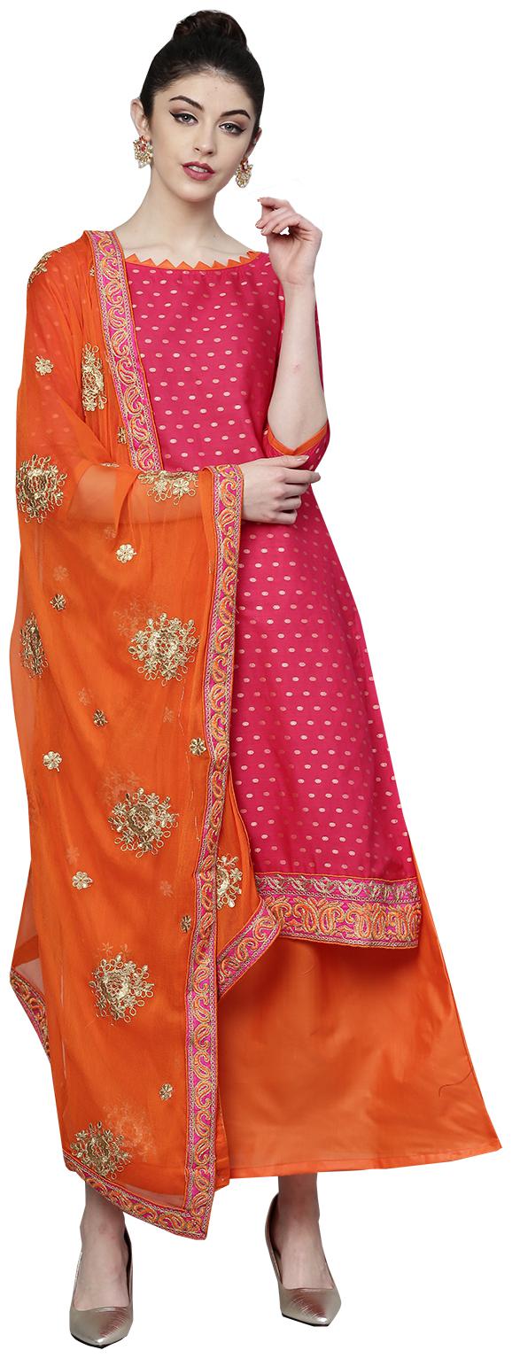 

Ishin Women Poly Cotton Pink Orange Embroidered A-Line Kurta With Skirt Dupatta