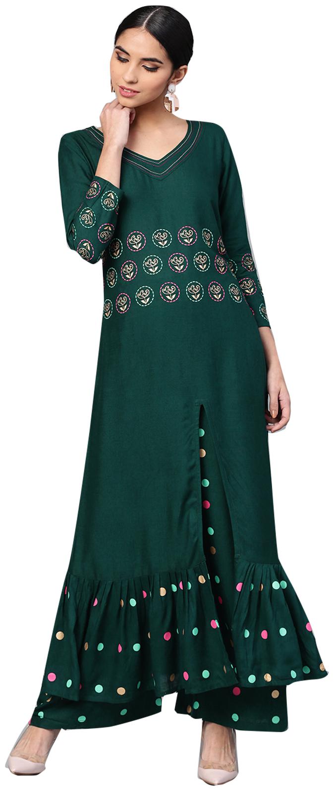 

Ishin Women Rayon Green Printed A-Line Kurta Palazzo Set