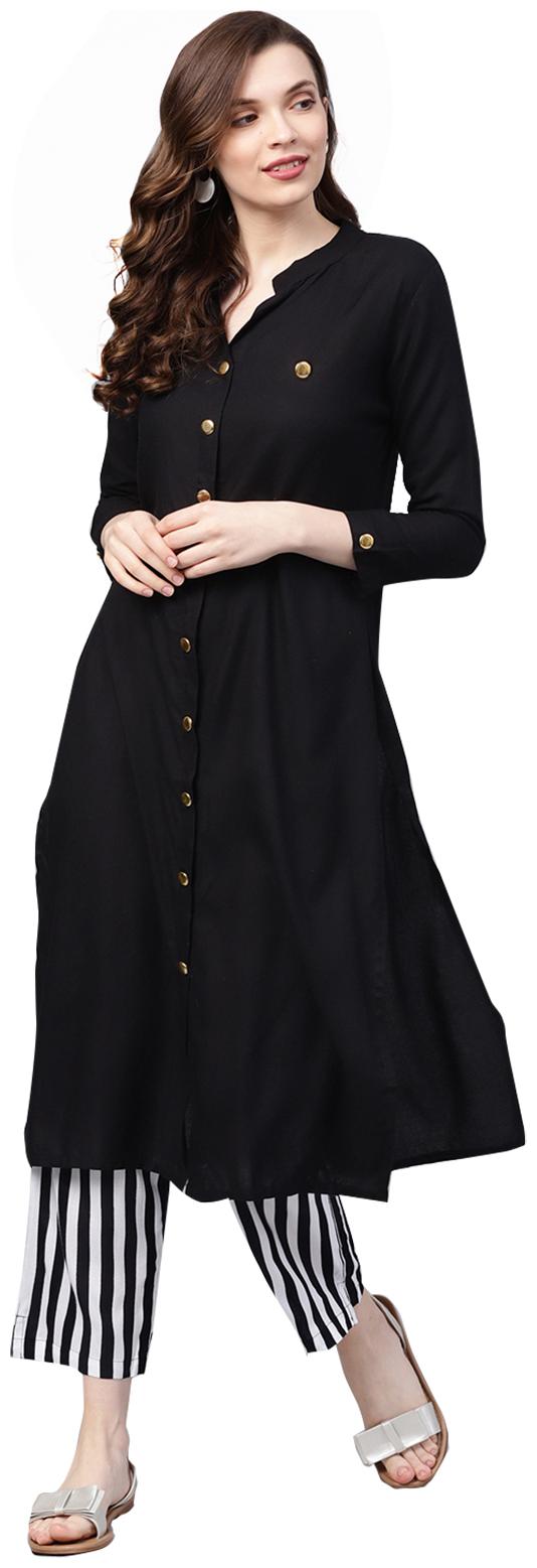 

Ishin Women Rayon Black White Solid A-Line Kurta With Pants