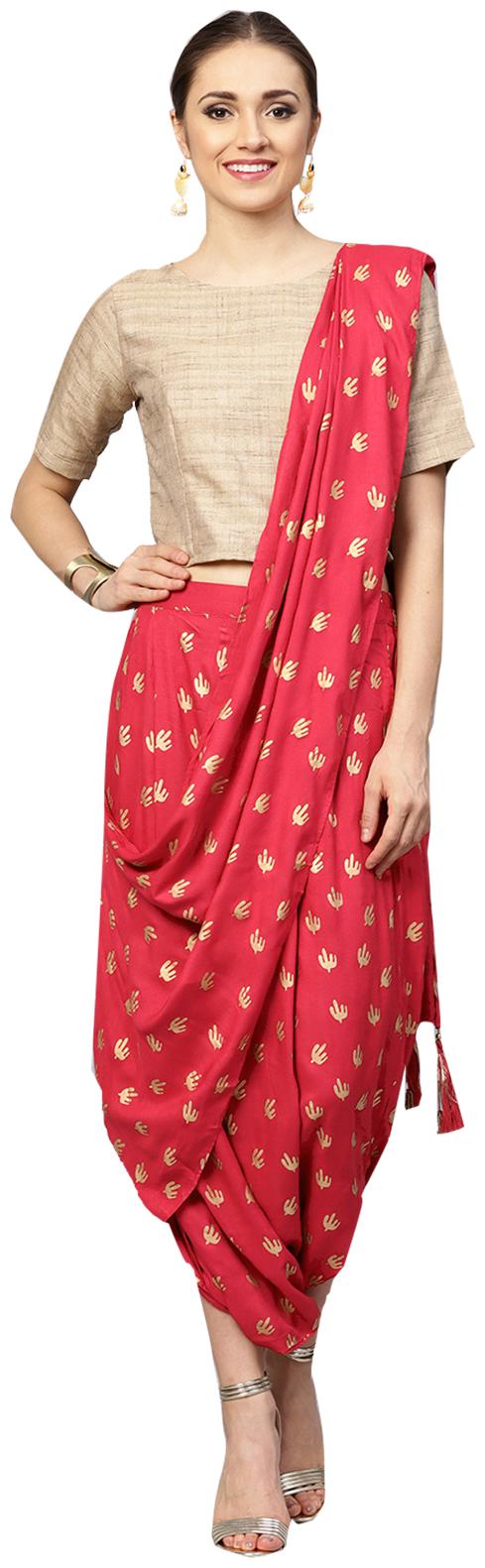 

Ishin Womens Rayon Red Printed Palazzo Saree Style With Stitched Solid Blouse Suit Set