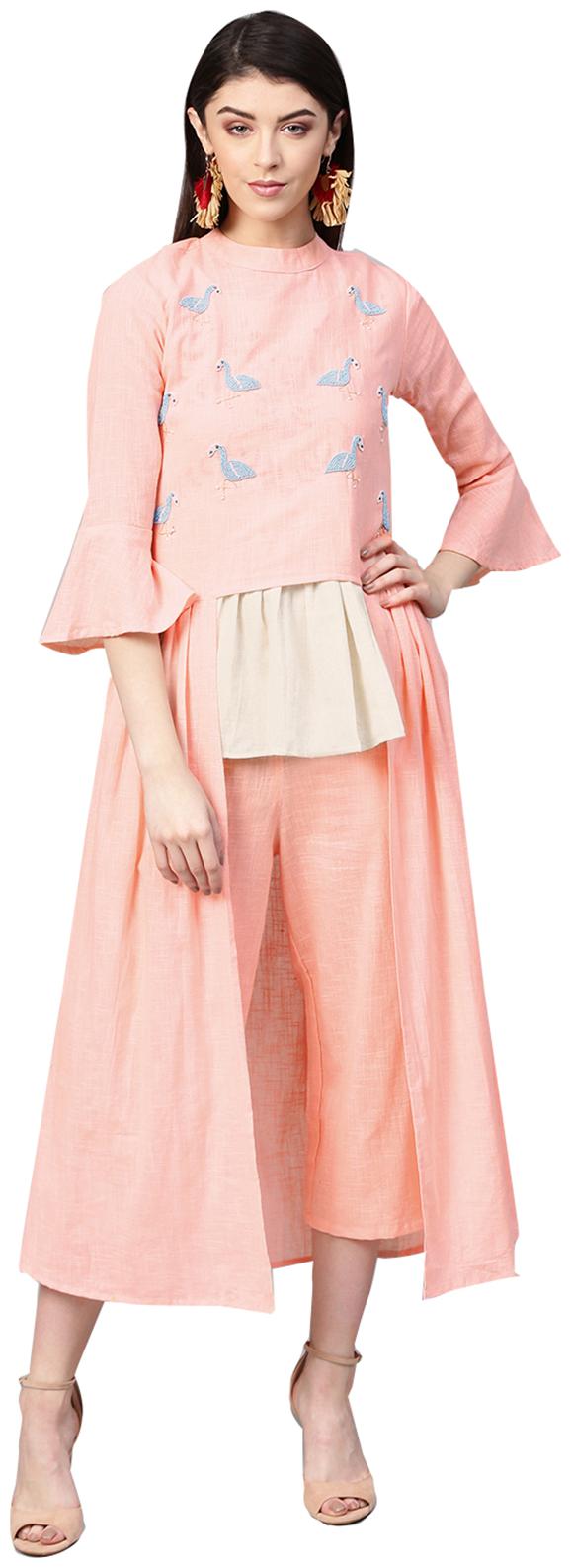 

Ishin Womens Cotton Off White Embroidered A-Line Kurta Palazzo Jacket Set