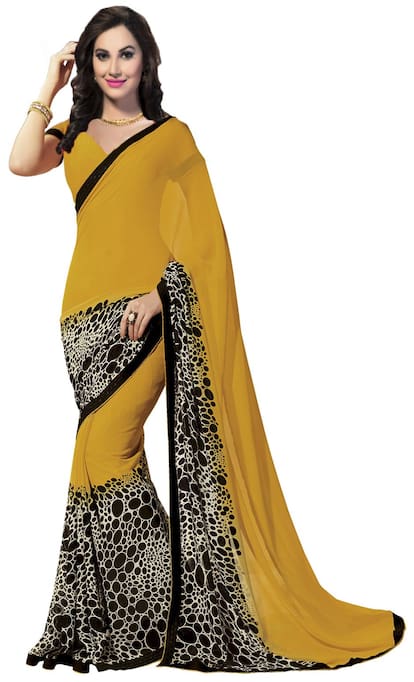 ISHIN Yellow And Black Georgette Saree