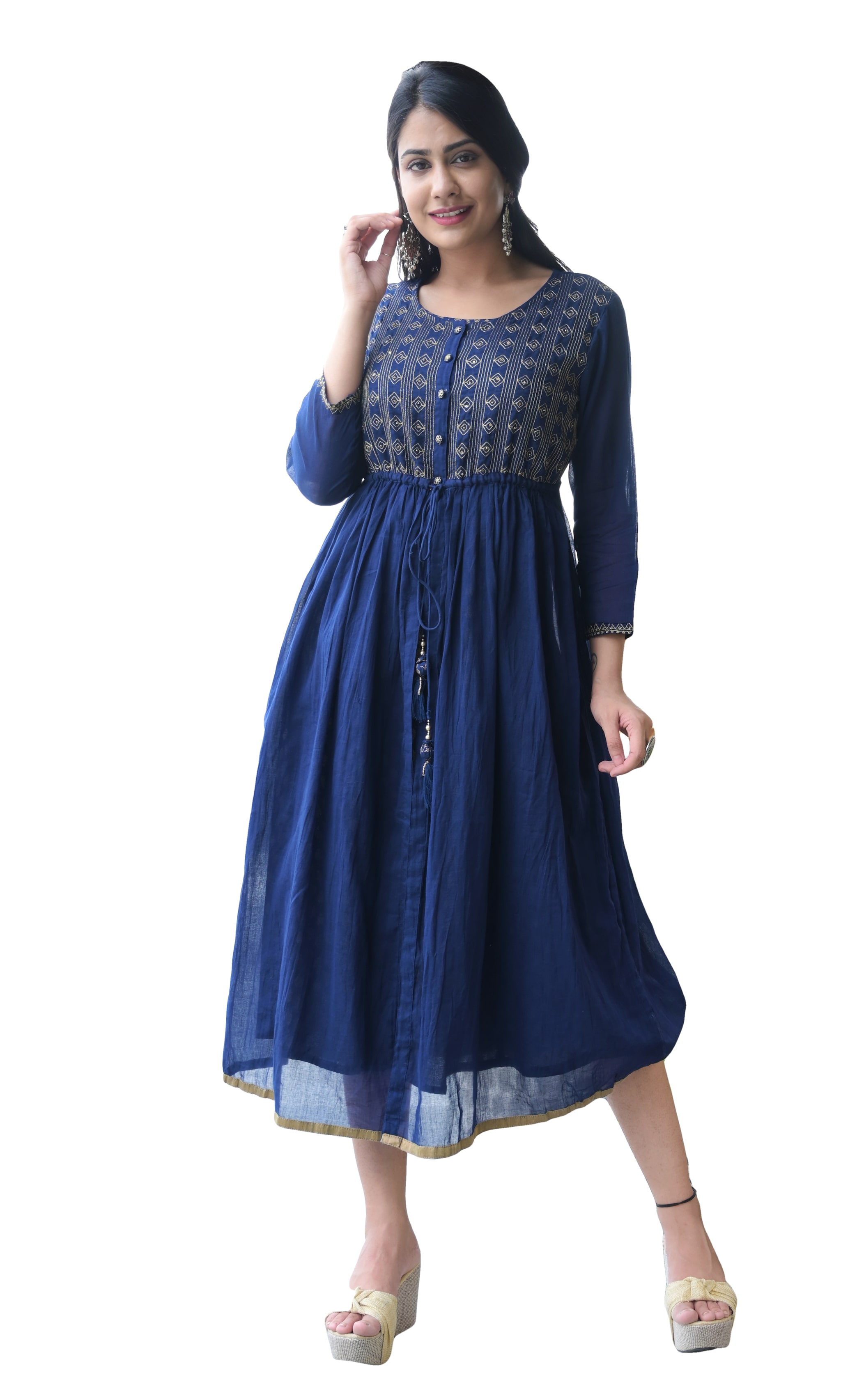 

Ishwar Cotton Blue Embroidered Kurta Dress For Women