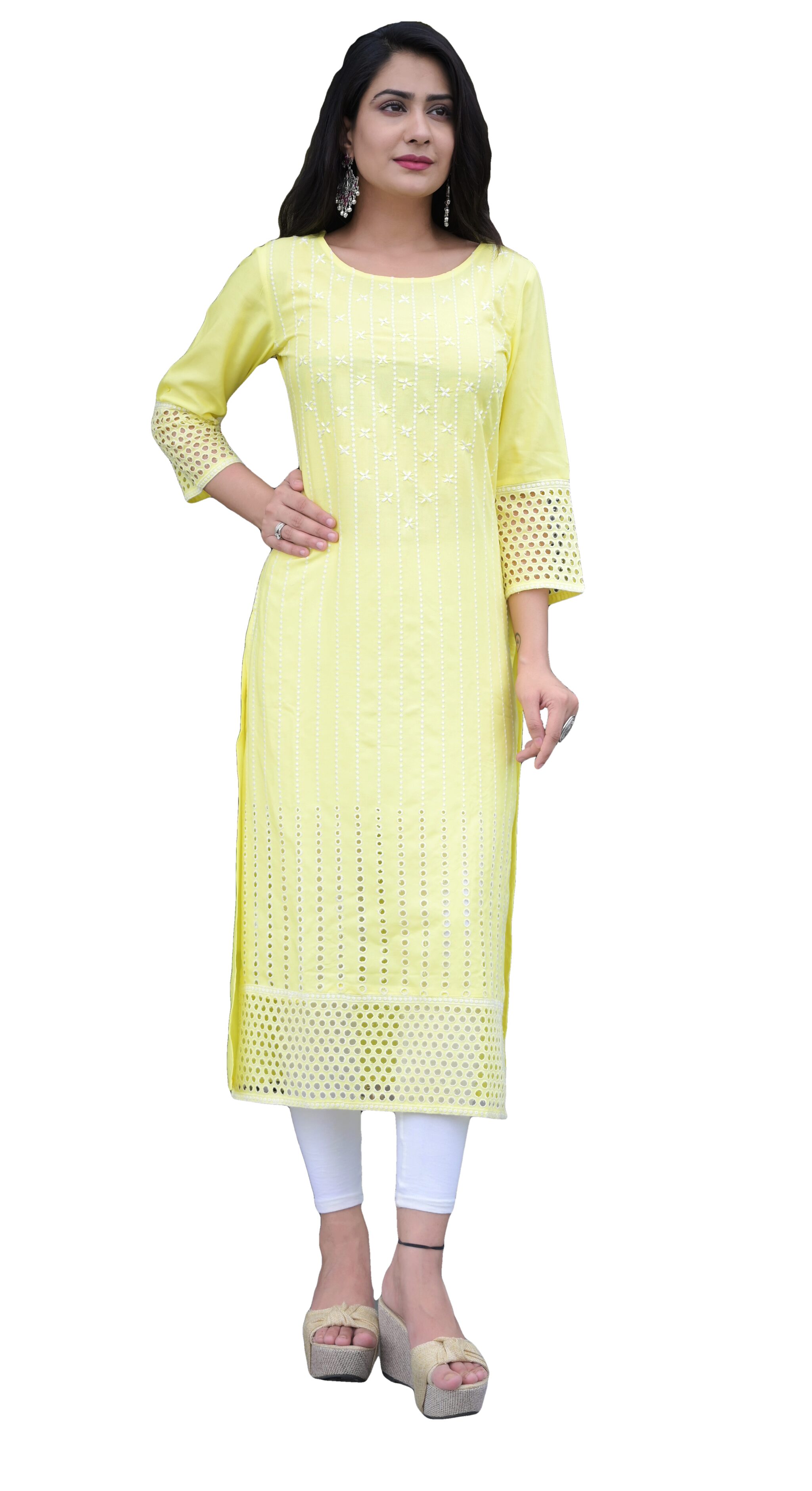 

Ishwar Women Yellow Embroidered Straight Kurti