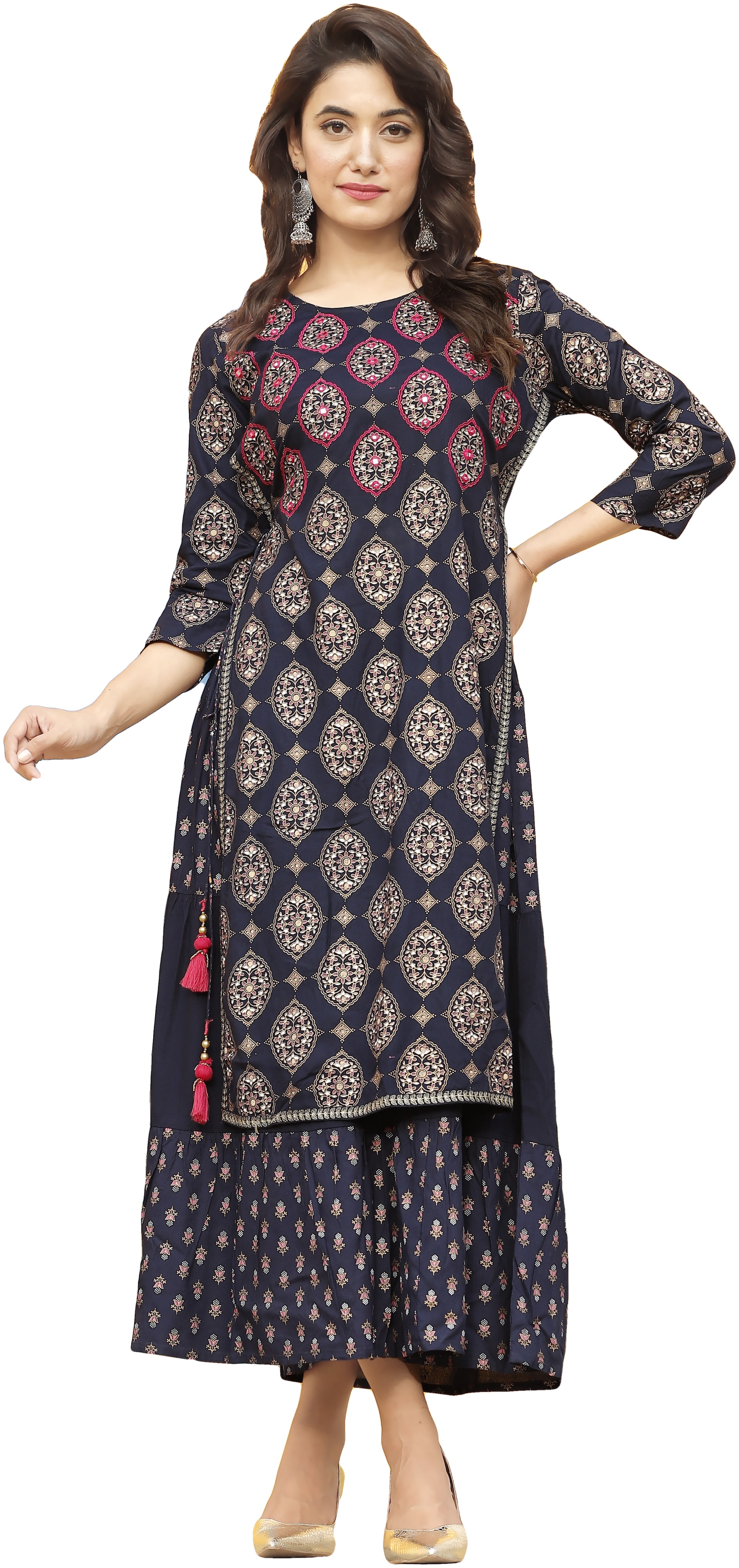 

Ishwar Women Navy Blue Floral Fit and Flare Kurti