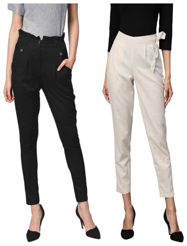 

Ivy Blue Women Cream Black Flared fit Cropped trousers