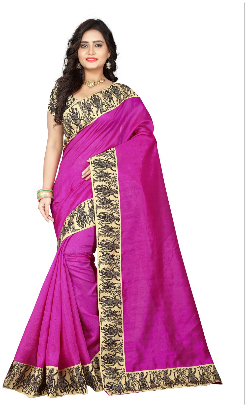

Jaanvi Fashion Pink Solid Bhagalpuri Designer Saree With Blouse Without blouse