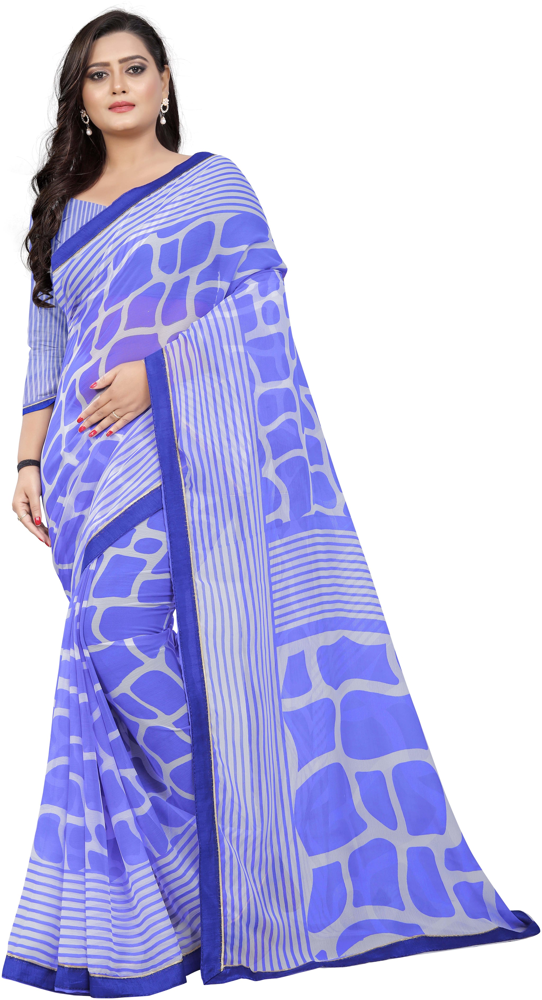 

Jaanvi fashion Women Chiffon Block Print Saree Blue