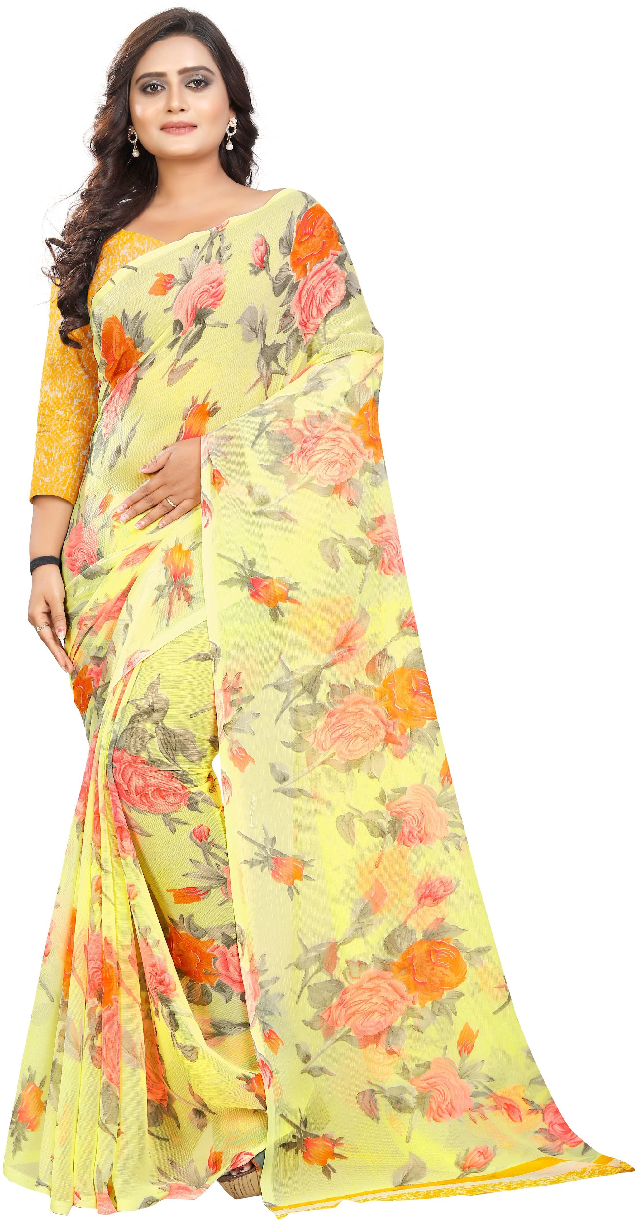 

Jaanvi fashion Women Chiffon Floral Saree Yellow