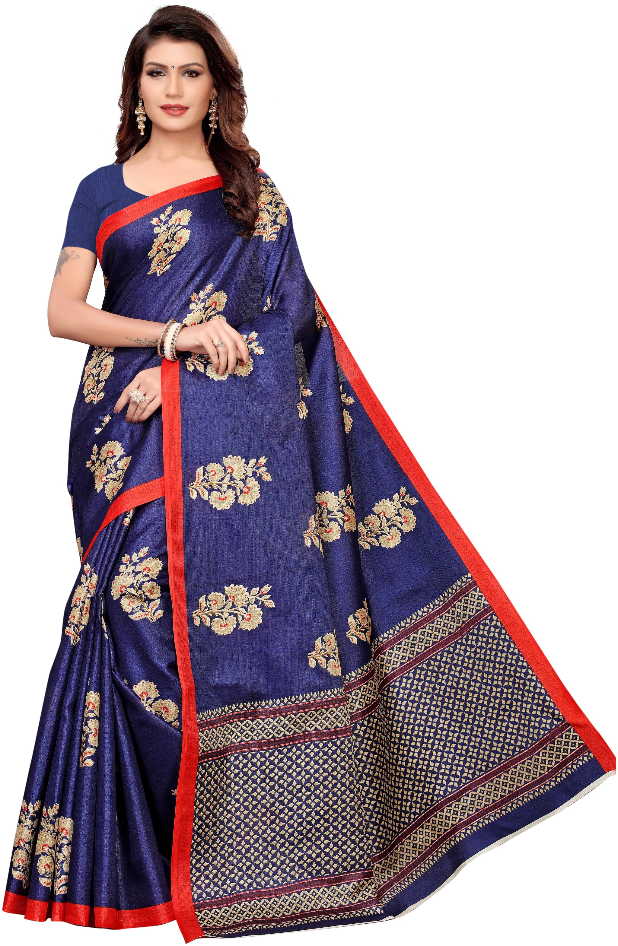 

Jaanvi fashion Women Khadi Blue Regular Saree With Blouse