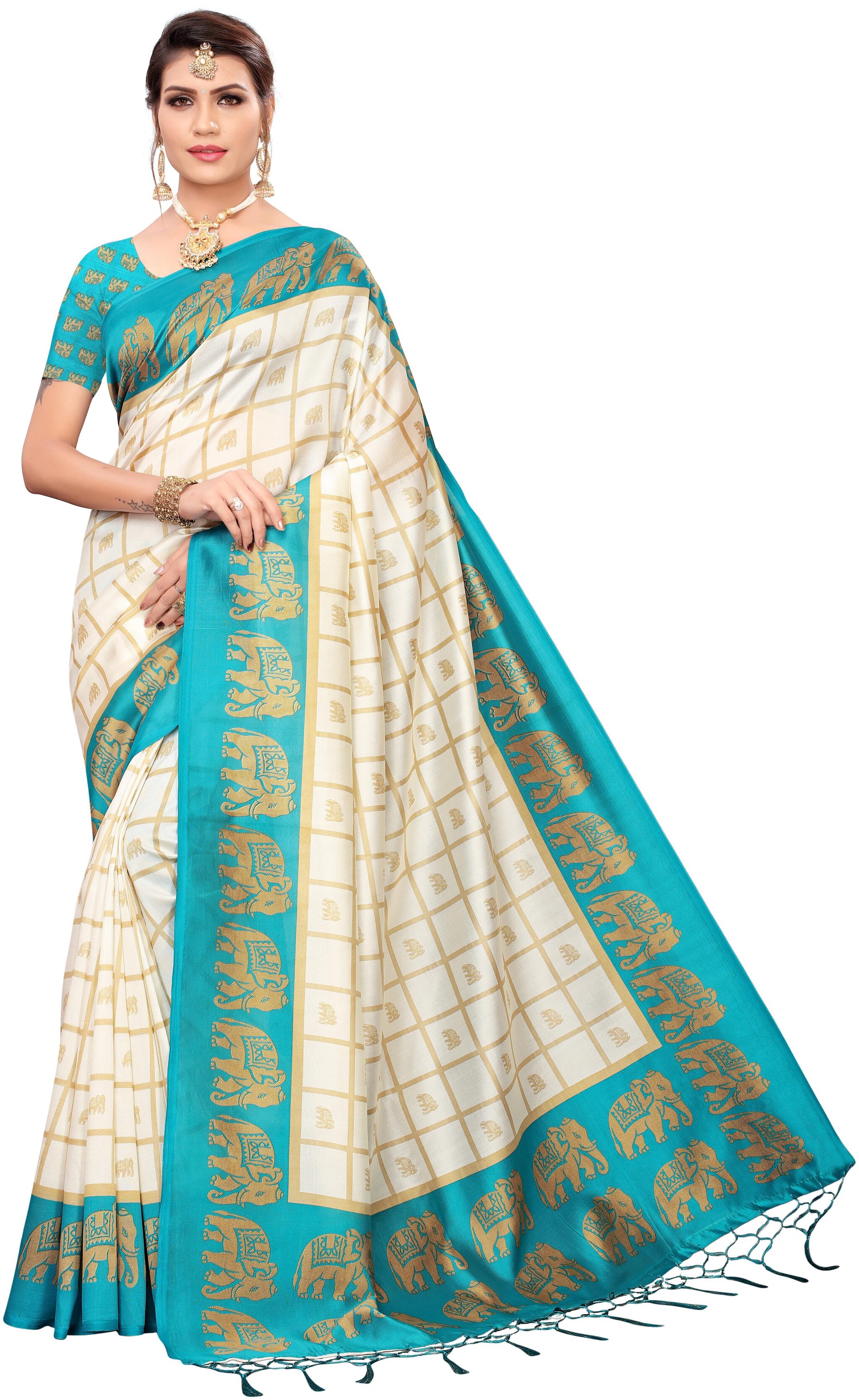 

Jaanvi fashion Turquoise Checkered Universal Designer Saree With Blouse With blouse