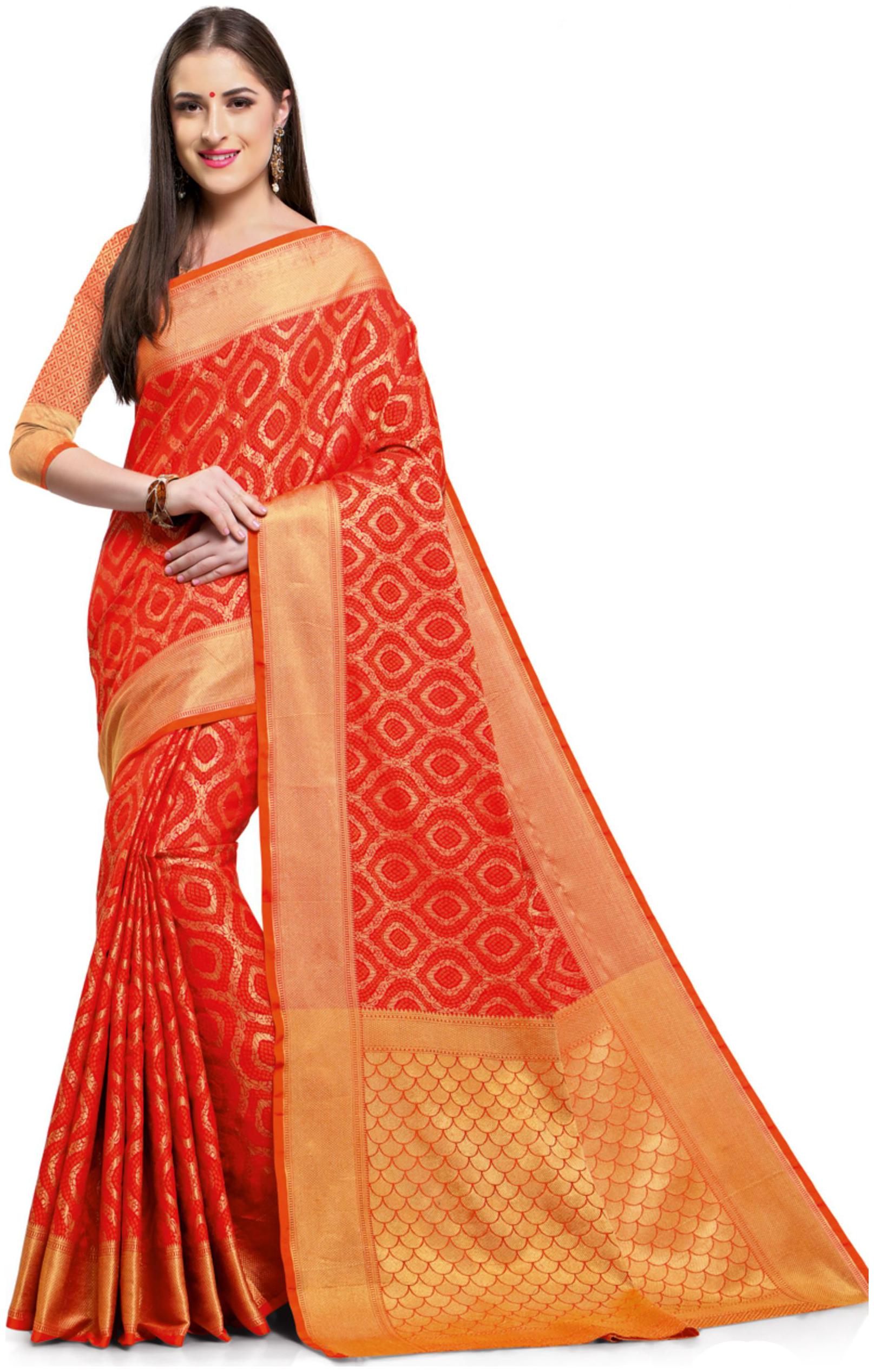 

Jaanvi fashion Red Woven Banarasi Designer Saree With Blouse With blouse