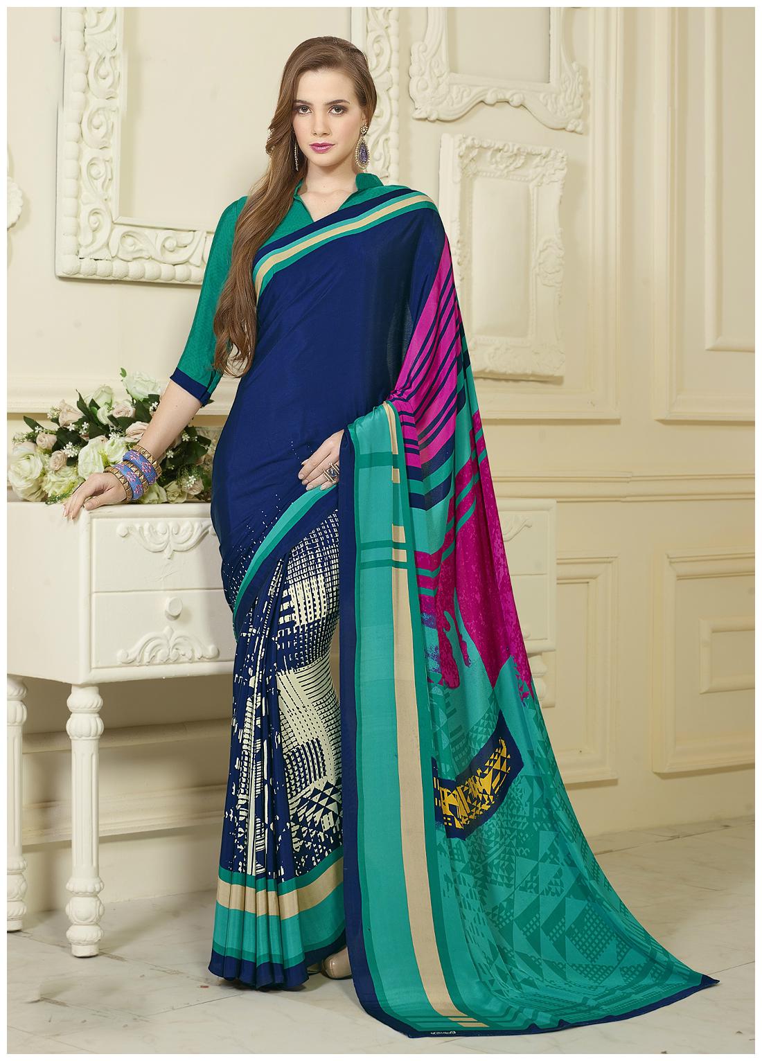 

Jaanvi Fashion Designer Blue Crepe Printed Saree with Blouse