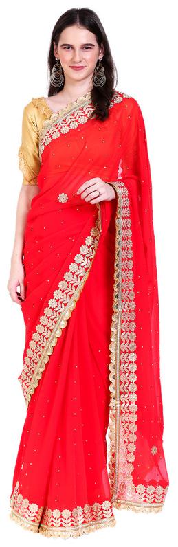 

Jaina Sarees Georgette Red Embroidered Designer Saree For Women