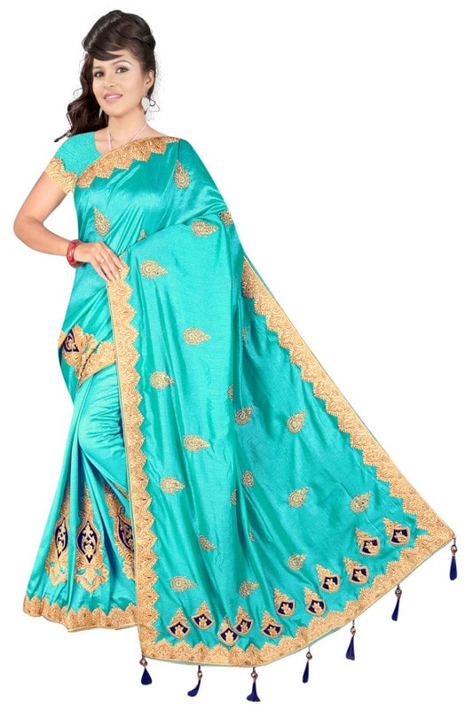 

Jaina Sarees Women Silk Embellished Turquoise Designer Saree With Blouse