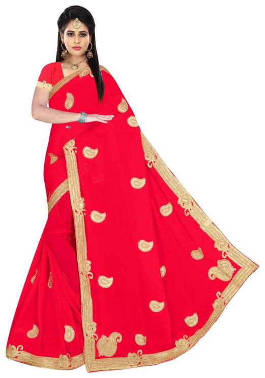 

Jaina Sarees Georgette Red Embroidered Designer Saree For Women