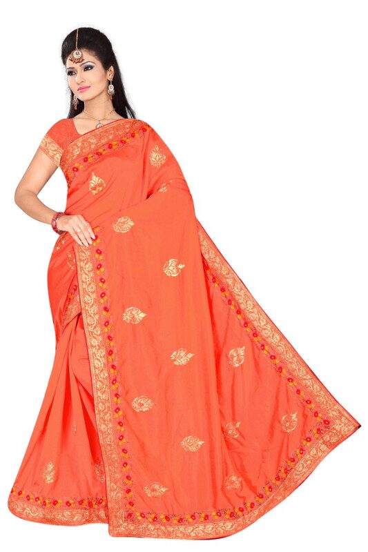 

Jaina Sarees Silk Embroidered Orange Designer Saree For Women