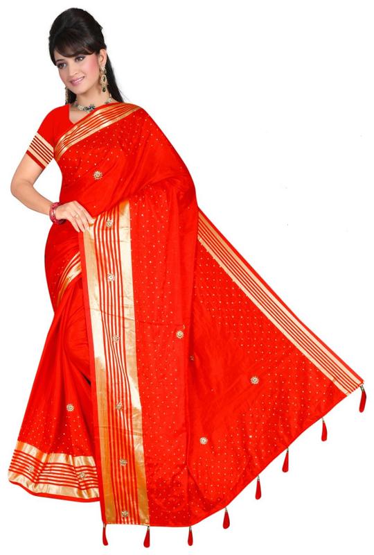 

Jaina Sarees Silk Red Embellished Designer Saree For Women