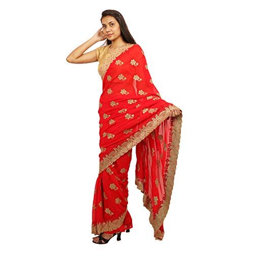 

Jaina Sarees Georgette Embellished Red Designer Saree For Women