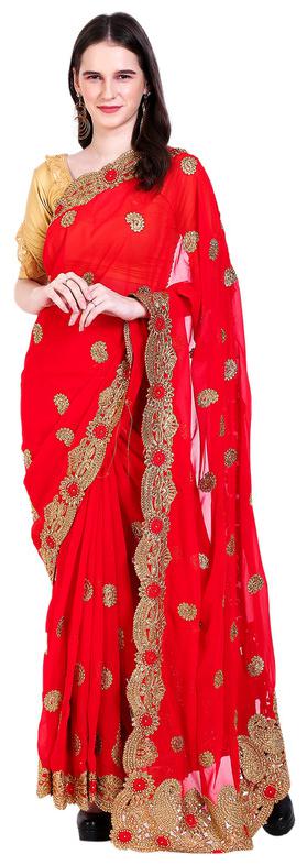 

Jaina Sarees Georgette Red Embroidered Designer Saree For Women