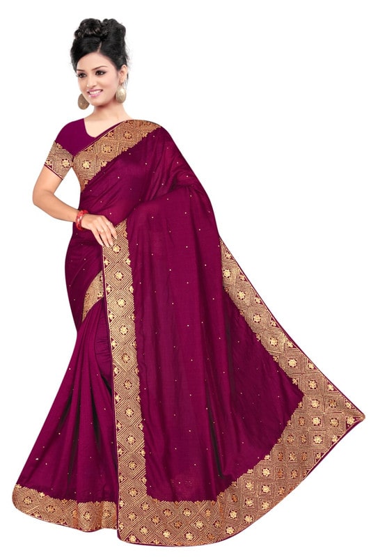 

Jaina Sarees Women Silk Embellished Wine Designer Saree With Blouse