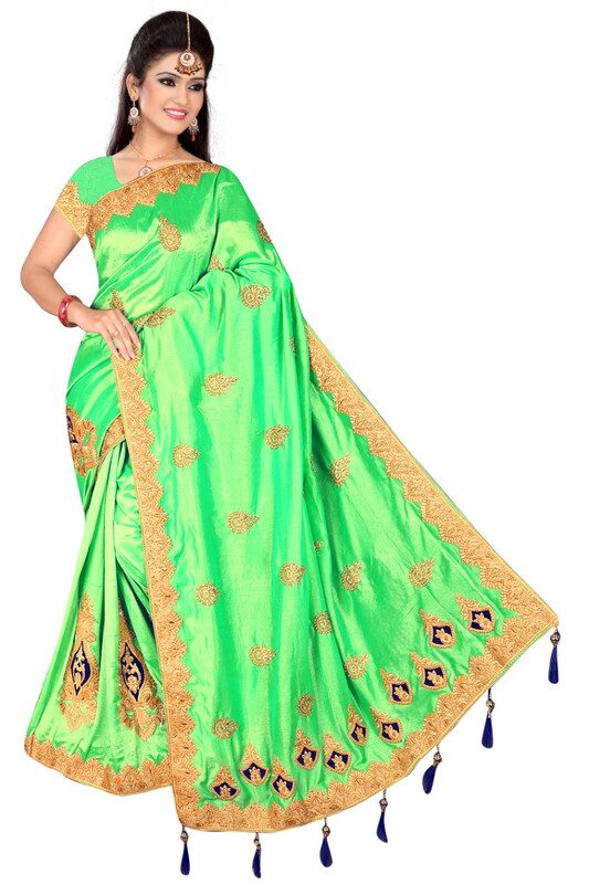 

Jaina Sarees Women Silk Embroidered Green Designer Saree With Blouse