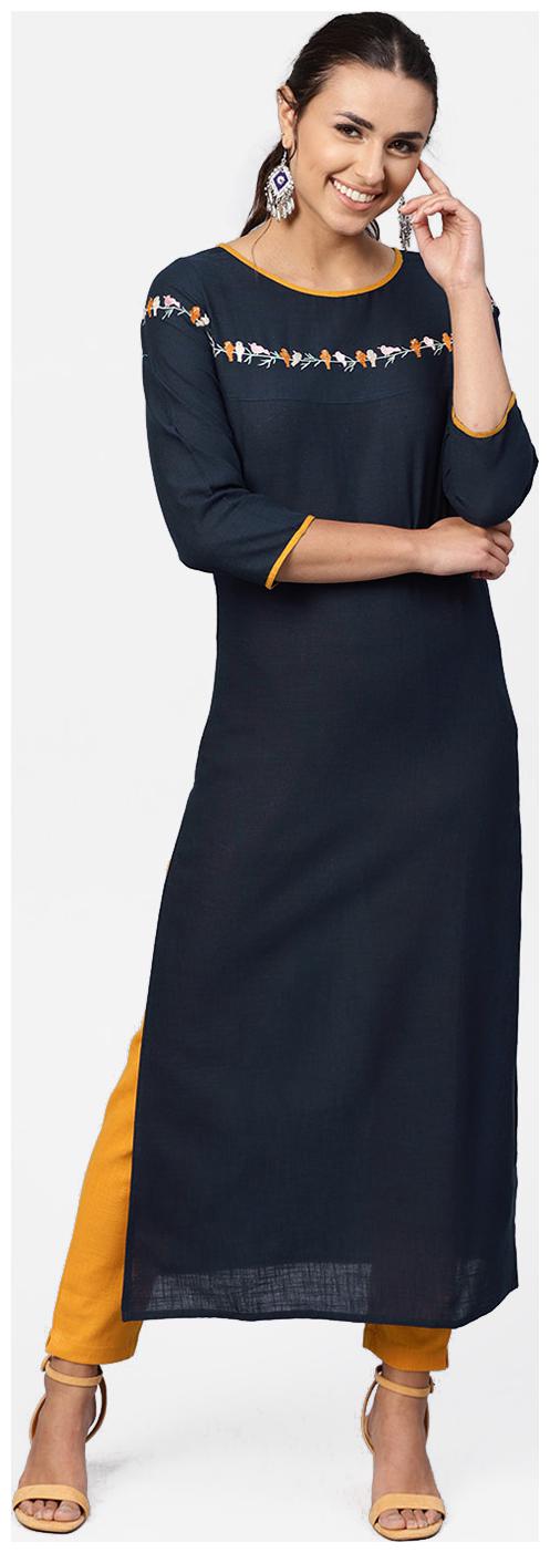 

Jaipur Kurti Women Navy Blue Solid Straight Kurta With Pants