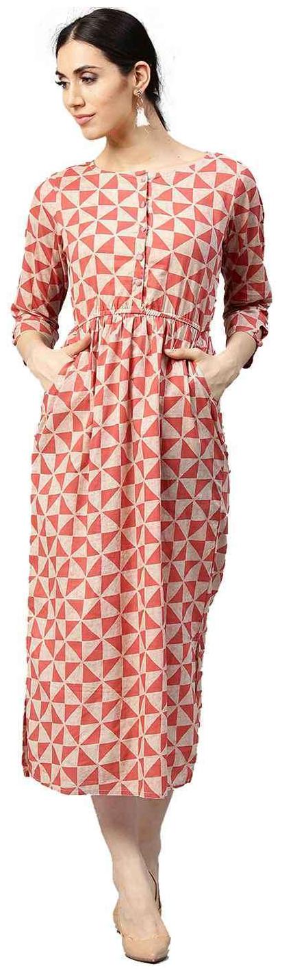 

Jaipur Kurti Women Coral Geometric A-Line Cotton Fusion Kurti