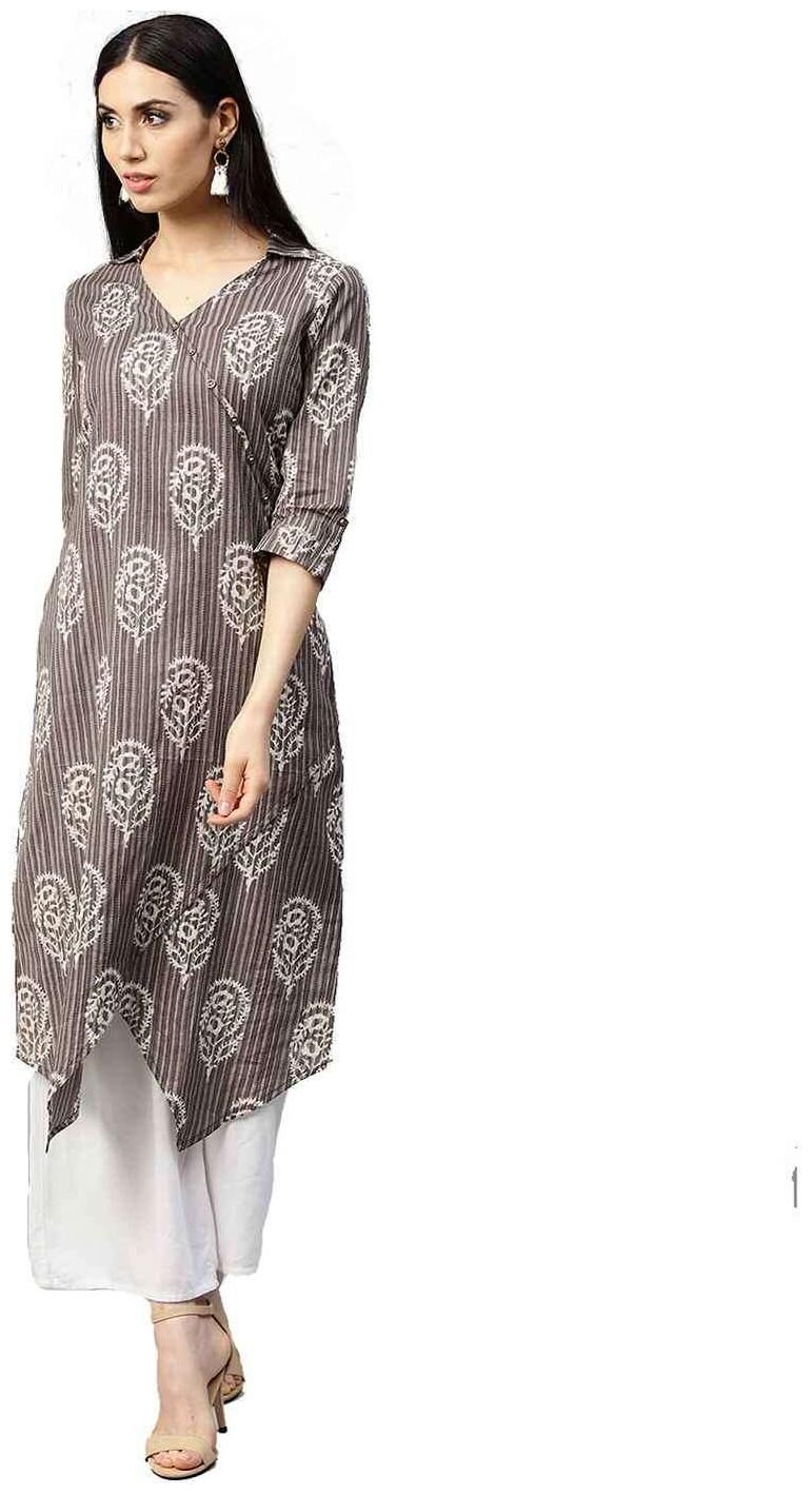 

Jaipur Kurti Women Grey Ethnic Motifs A-Line Cotton Kantha Kurta