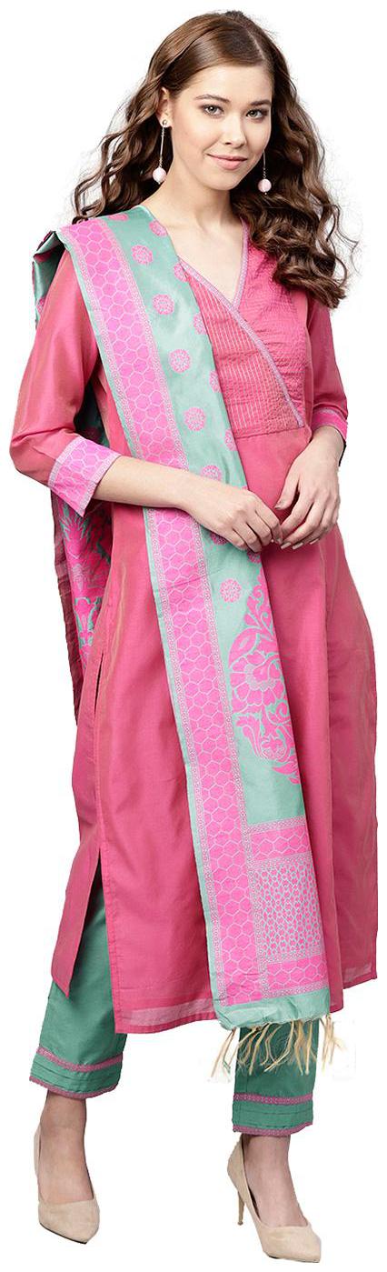 

Jaipur Kurti Women Pink Solid Straight Kurta With Pants And Dupatta