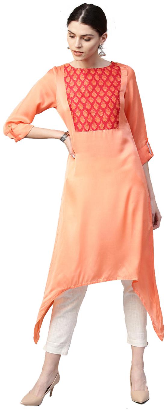 

Jaipur Kurti Women Orange Solid Asymmetric Kurta With Pants