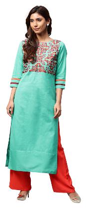 

Jaipur Kurti Women Turquoise Blue Solid Embroidered Straight Cotton Slub Kurta With Palazzo