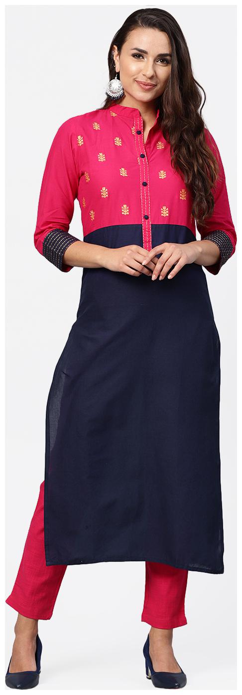 

Jaipur Kurti Cotton 3 4th Sleeves Stitched Suits Blue Pink