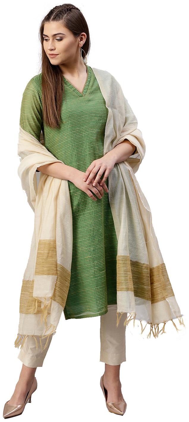 

Jaipur Kurti Women Green Striped Straight Kurta With Pants And Dupatta